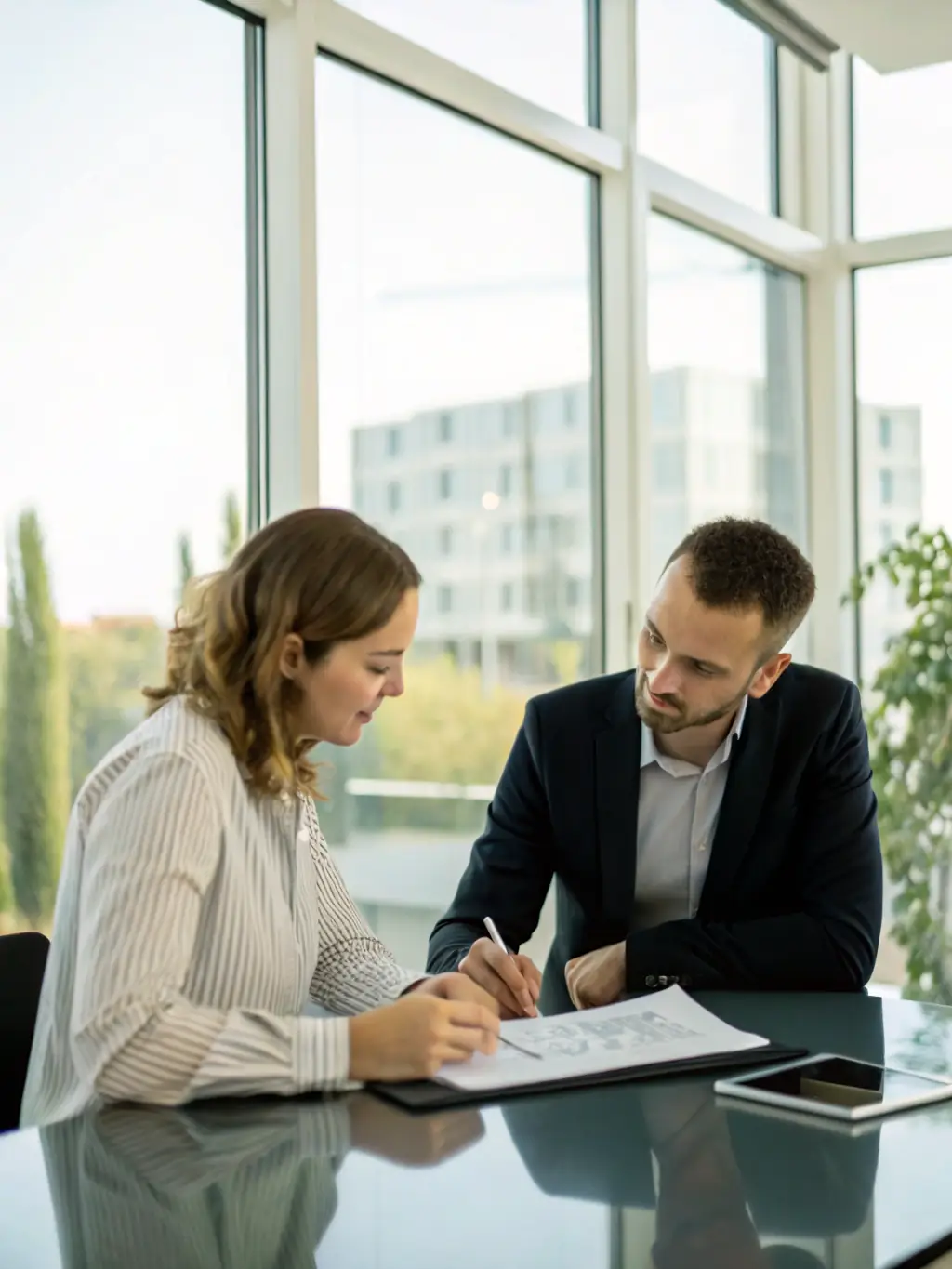 An image of a mortgage broker discussing loan options with a client over a laptop in a modern office setting, illustrating mortgage lead generation.
