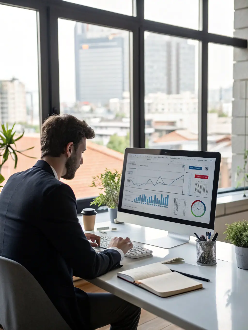 An image showing a real estate agent reviewing leads on a digital tablet with a cityscape in the background, representing lead generation for real estate.