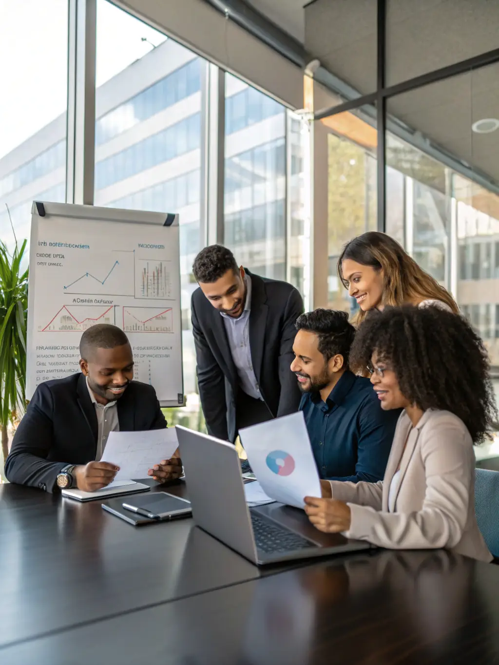 A diverse team collaborating on a lead generation strategy in a modern office, emphasizing the collaborative approach to service delivery.