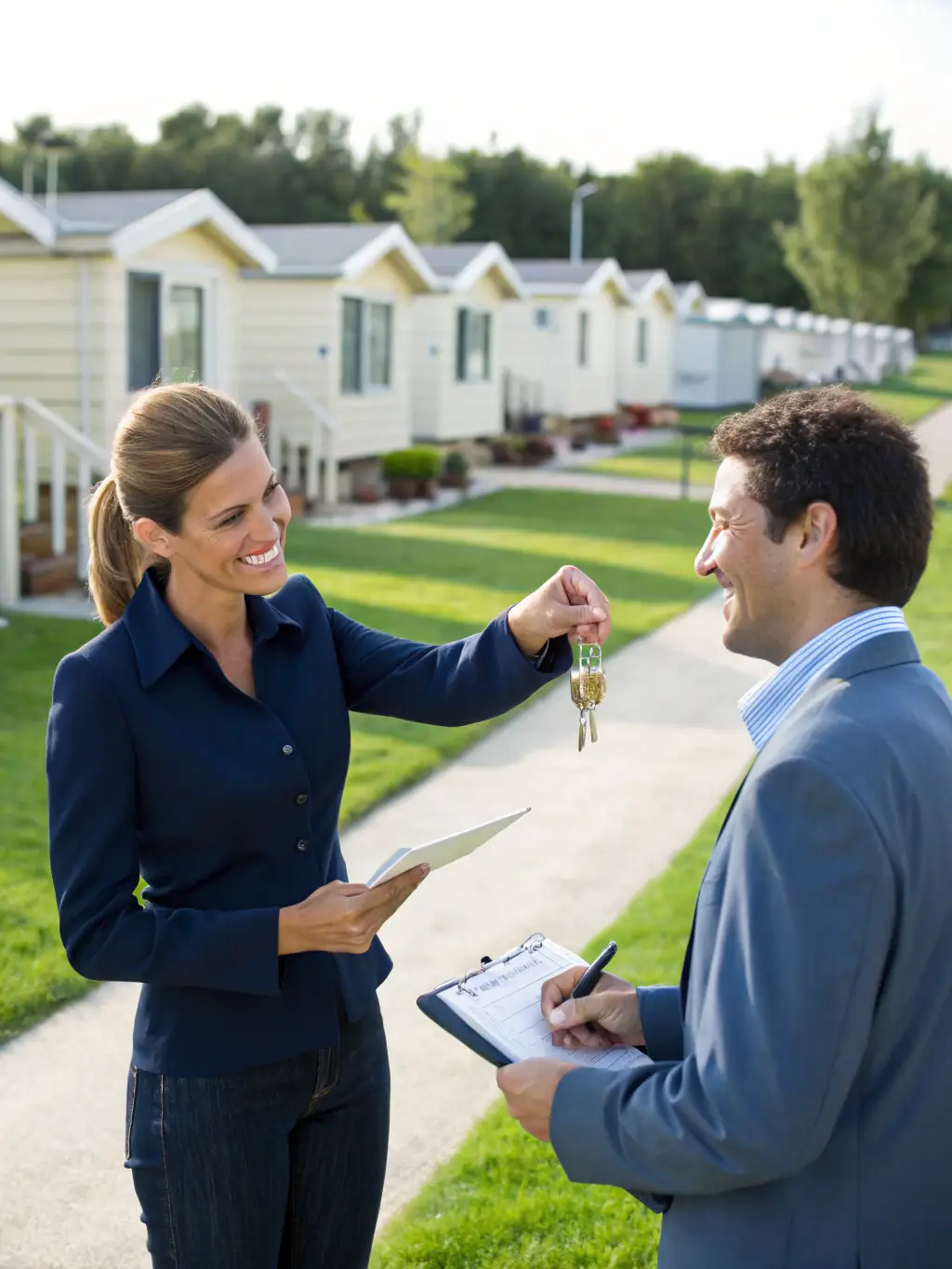 A mortgage broker handing over keys to a new homeowner, representing the culmination of a successful mortgage lead generation campaign.