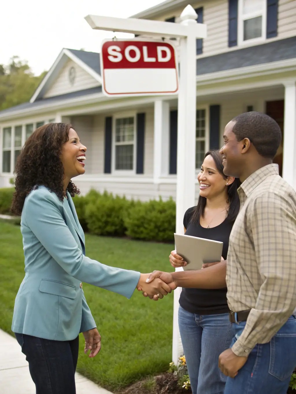 A professional real estate agent shaking hands with a happy client in front of a newly sold house, symbolizing successful lead conversion.